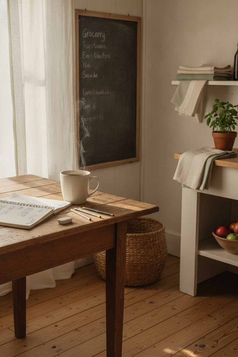 A quiet morning inside a Montana farmhouse kitchen, soft natural light streaming through a linen-curtained window onto a worn wooden table