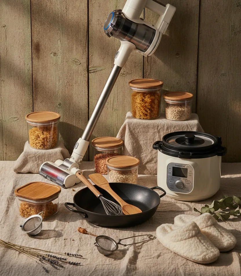 A cordless stick vacuum, glass storage jars, a skillet, wooden utensils, a pressure cooker, tea strainers and sheepskin slippers arranged on linen against weathered barn wood